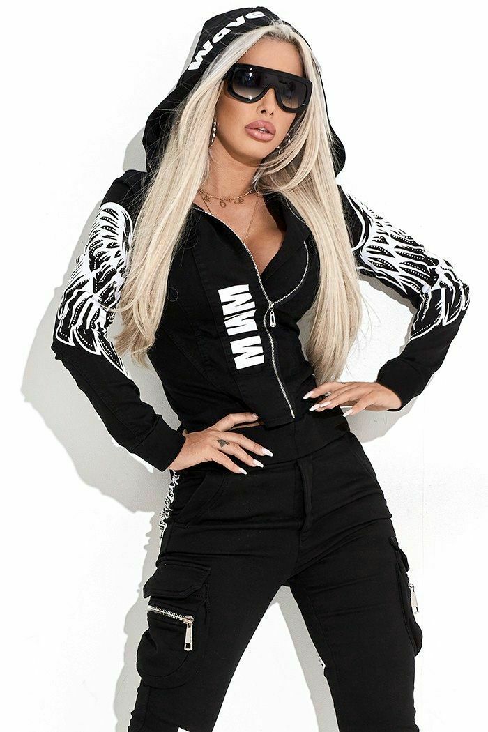 Oshoplive 2025 New Autumn Winter Female Fashion Wing Printed Hooded Zipper Jackets & Elastic Waist Pants Sports Two Piece Set
