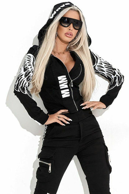 Oshoplive 2025 New Autumn Winter Female Fashion Wing Printed Hooded Zipper Jackets & Elastic Waist Pants Sports Two Piece Set