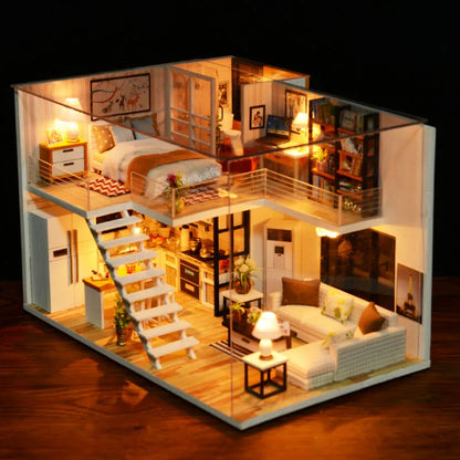 DIY Wooden Doll House with Furniture Miniature Dollhouse Furniture Kit with LED Toys for Children Adult Christmas Birthday Gift