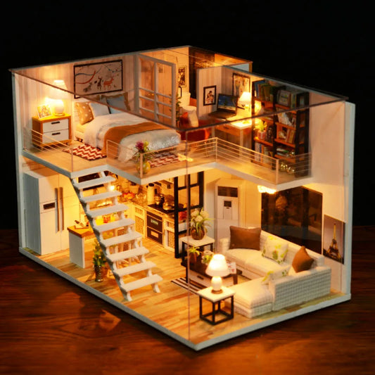 DIY Wooden Doll House with Furniture Miniature Dollhouse Furniture Kit with LED Toys for Children Adult Christmas Birthday Gift