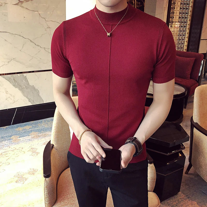 7 Colors Half High Collar Men T-shirt New 2026 Summer Short Sleeve  Solid Color Sweater Pullover T Shirt Slim Knitted Tees Top