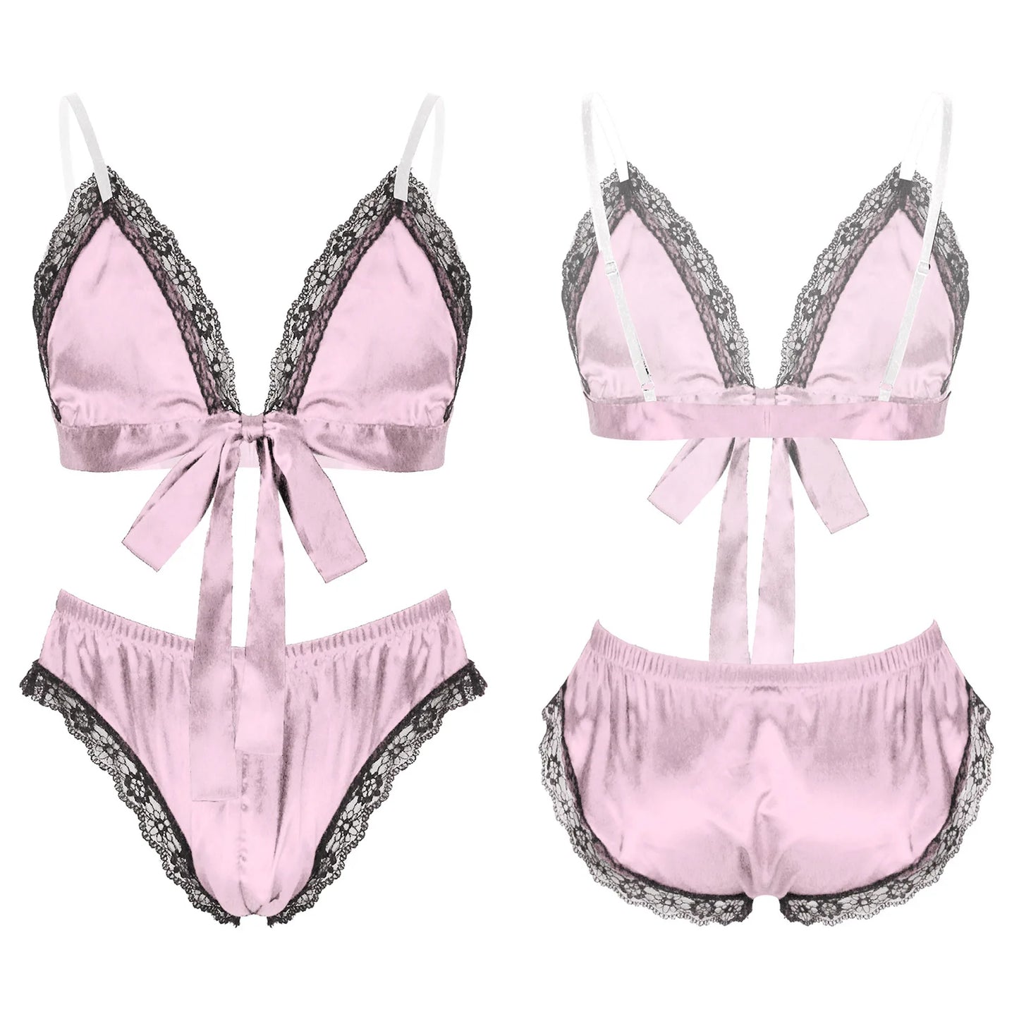 Men Satin Lingerie Suit Sissy Nightwear Sheer Mesh Patchwork Bra Tops with Briefs Thongs Exotic Sleepwear Gay Male Underwear