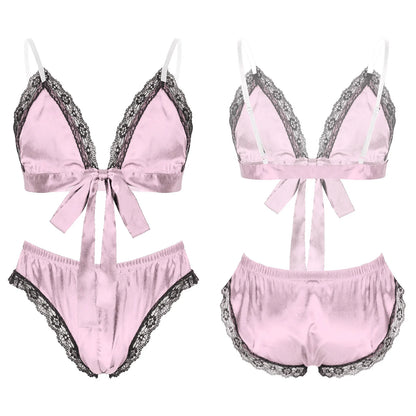 Men Satin Lingerie Suit Sissy Nightwear Sheer Mesh Patchwork Bra Tops with Briefs Thongs Exotic Sleepwear Gay Male Underwear