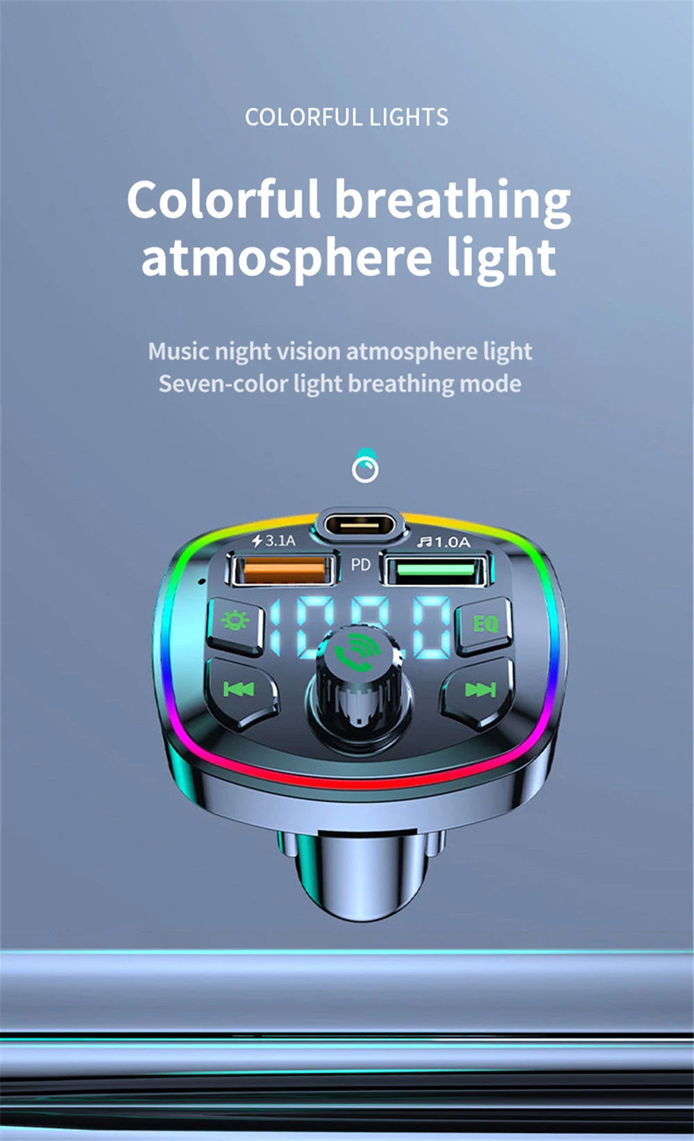 Car Bluetooth 5.0 FM Transmitter PD 18W Type-C Dual USB 4.2A Fast Charger LED Backlit Atmosphere Light MP3 Player Lossless Music