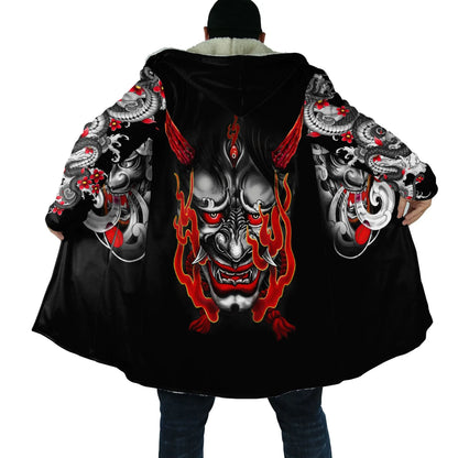 Drop shipping Winter Mens Cloak Samurai Oni Mask Tattoo 3D Printing Fleece Hooded cloak Unisex Casual Thick Warm Cape coat PF31