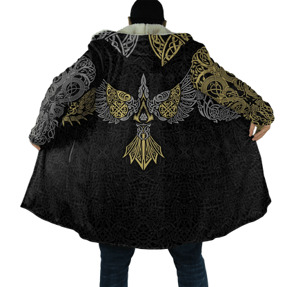 2023 Winter Mens Cloak Huginn Ravens of Midgard Gold 3D Printing Fleece Hooded cloak Unisex Casual Thick Warm Cape coat PF39