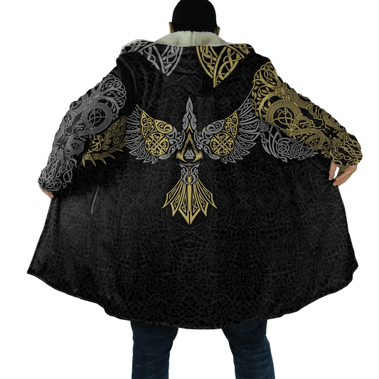 2023 Winter Mens Cloak Huginn Ravens of Midgard Gold 3D Printing Fleece Hooded cloak Unisex Casual Thick Warm Cape coat PF39