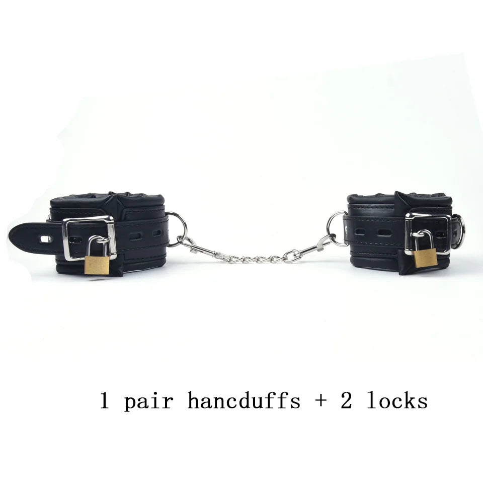 Black Leather Sponge Handcuffs For Sex Ankle Cuffs Bondage With Chain Lock Restraints Sex Toys for Adult Games Bdsm Bondage Set