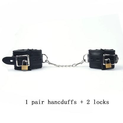 Black Leather Sponge Handcuffs For Sex Ankle Cuffs Bondage With Chain Lock Restraints Sex Toys for Adult Games Bdsm Bondage Set