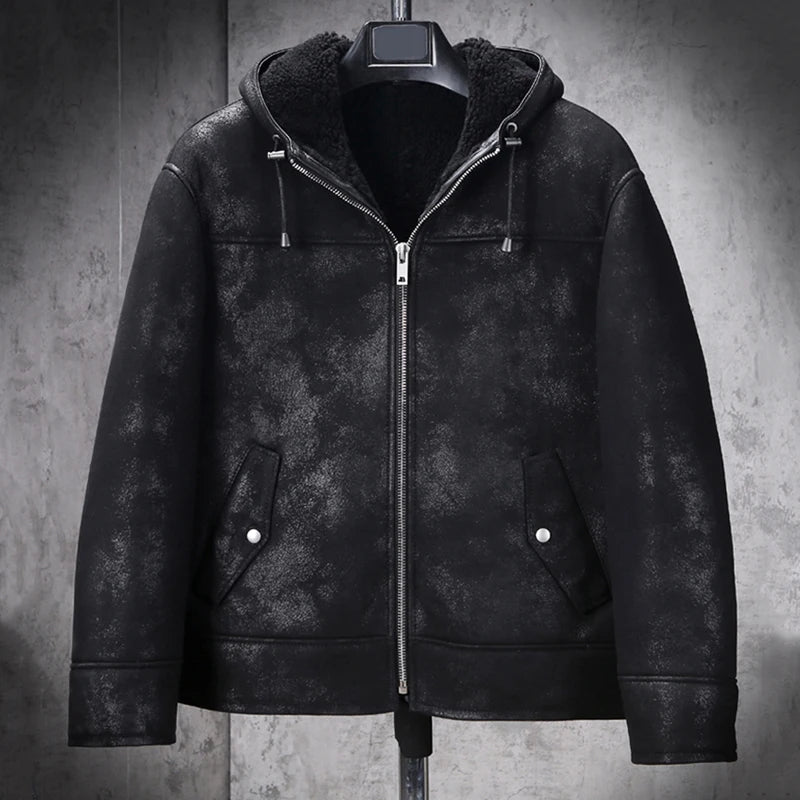 Denny&Dora Men's Shearling Jacket Black B3 Jacket Genuine Leather Sheepskin Hooded Winter Coat