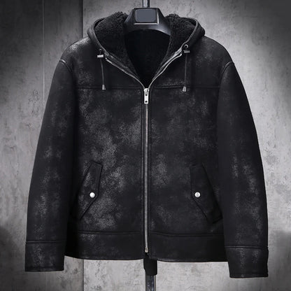 Denny&Dora Men's Shearling Jacket Black B3 Jacket Genuine Leather Sheepskin Hooded Winter Coat