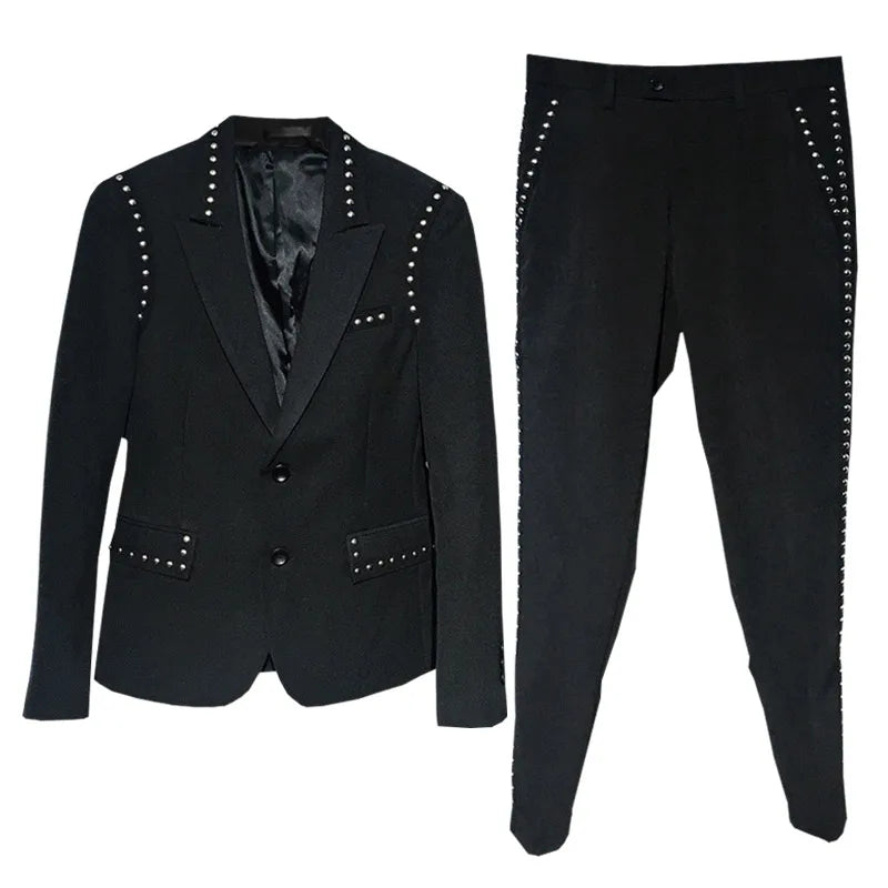 Suit Jacket Set Men England Style Black Single Breasted Slim Fit Blazer Pants Two Piece Set Fashion Night Club Rivets Coat