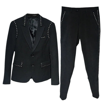 Suit Jacket Set Men England Style Black Single Breasted Slim Fit Blazer Pants Two Piece Set Fashion Night Club Rivets Coat
