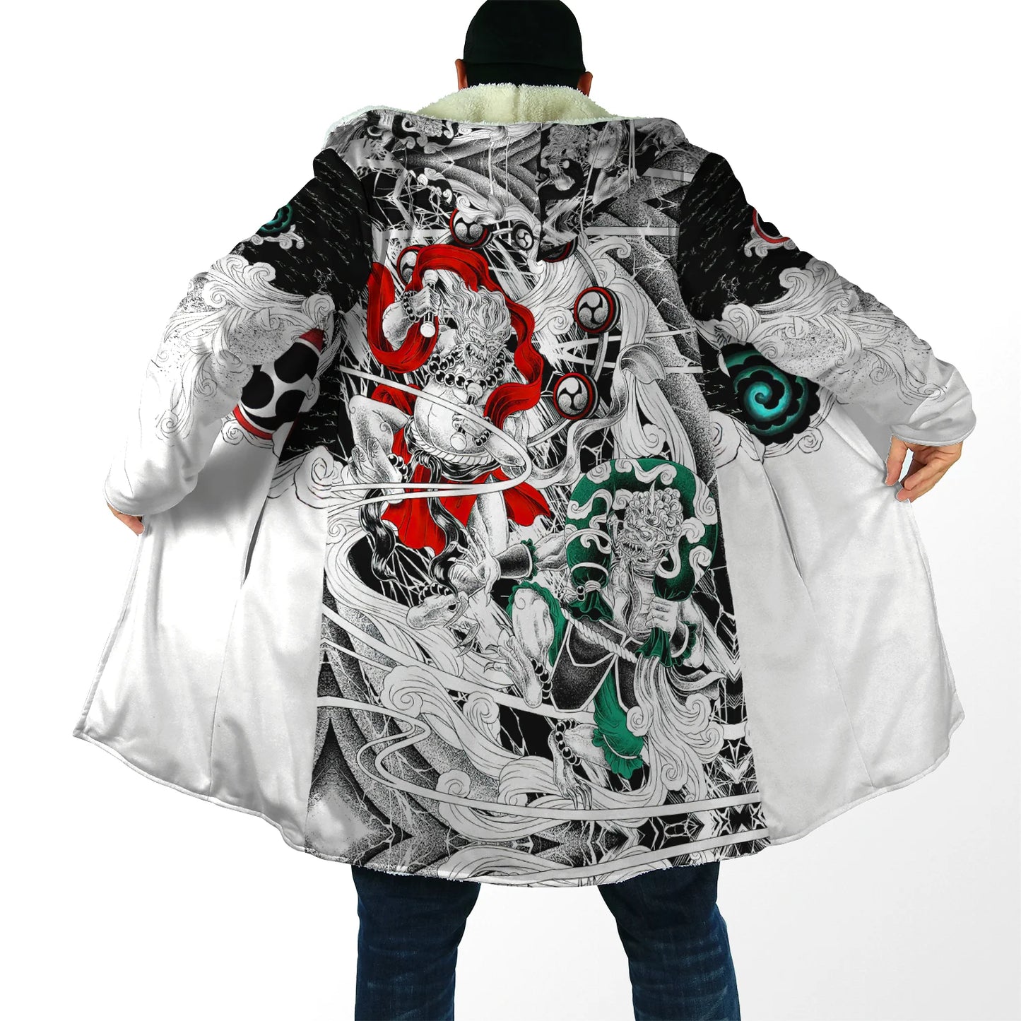Drop shipping Winter Mens Cloak Samurai Oni Mask Tattoo 3D Printing Fleece Hooded cloak Unisex Casual Thick Warm Cape coat PF31
