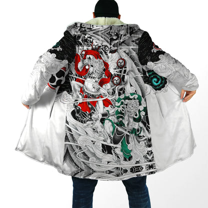 Drop shipping Winter Mens Cloak Samurai Oni Mask Tattoo 3D Printing Fleece Hooded cloak Unisex Casual Thick Warm Cape coat PF31