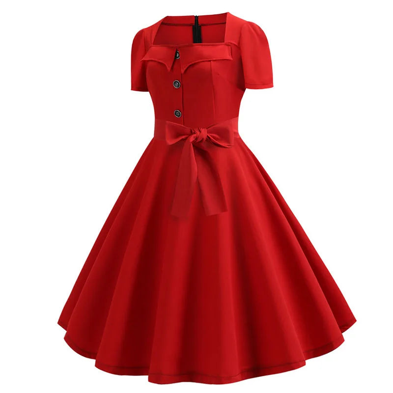 Women's Polka Dot Summer Midi Dress Square Collar Short Sleeve Elegant Vintage Casual Party Holiday Wear