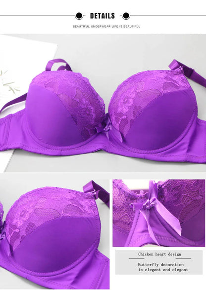2024 New Sexy Push Up Bra Sets Lace Middle Mold Cup 2 Piece Thongs Underwear Solid Bow BCDE Female Plus Size Lingerie