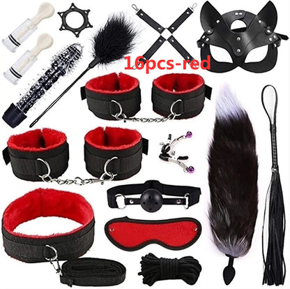 Sexy leather BDSM plush bondage bundle set blindfold handcuffs whip sex toys for women Nipple clip butt plug Exotic sex toys