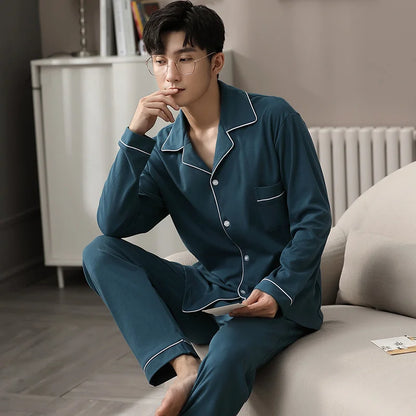 Blue Cotton Pajamas Winter Men Sleepwear Nightwear Full Sleeves PJ Pijama Hombre Home Clothes 2 Pieces Set Cotton Pyjama Homme