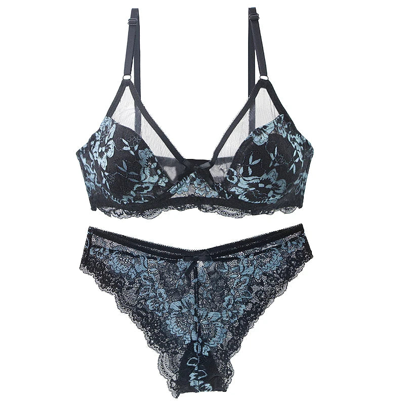 Women Ultra-thin BCDE Cup Mesh Lace Underwear Transparent Bra Sets Beauty Back Hollow Embroidery Female Lingerie