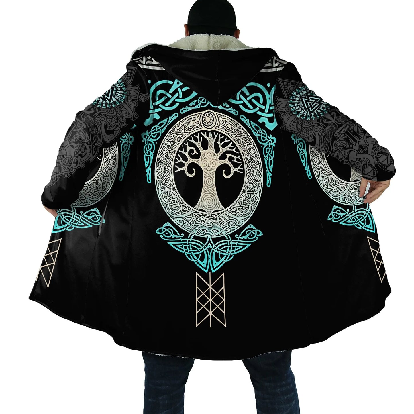 2025 Winter Fashion Mens Cloak Odin Raven Tattoo 3D Printing Fleece Hooded cloak Unisex Casual Thick Warm Cape coat PJ-01