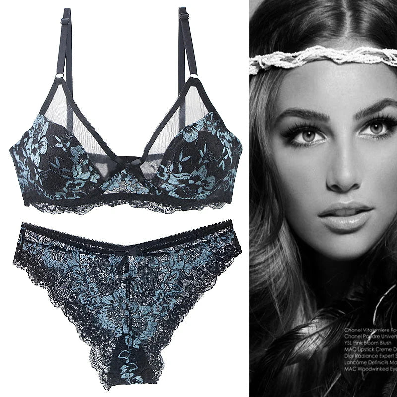 Women Ultra-thin BCDE Cup Mesh Lace Underwear Transparent Bra Sets Beauty Back Hollow Embroidery Female Lingerie