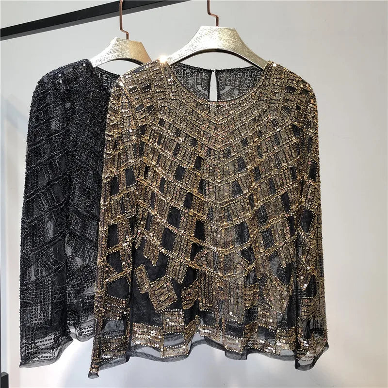 Fashion Sequin Beading Shirt Women Luxury Sexy Full Sleeve O-neck Pullovers Tops