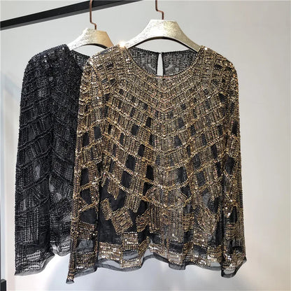 Fashion Sequin Beading Shirt Women Luxury Sexy Full Sleeve O-neck Pullovers Tops