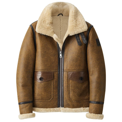 Denny&Dora Men's Vintage Brown Sheepskin Leather Jacket B3 Bomber Pilots Coat Fur Collar Flying Jacket