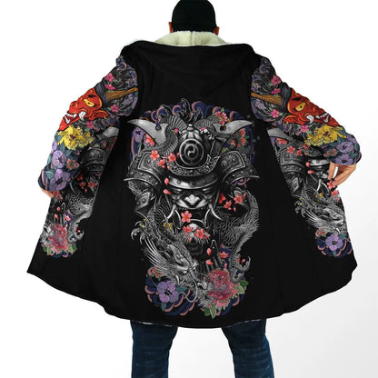 Drop shipping Winter Mens Cloak Samurai Oni Mask Tattoo 3D Printing Fleece Hooded cloak Unisex Casual Thick Warm Cape coat PF31