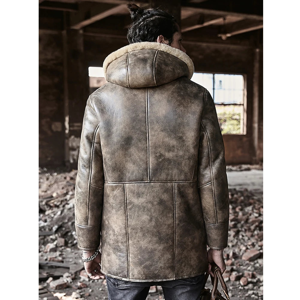 Denny&Dora Men's Long Shearling Jacket Sheepskin Hooded Fur Coat Thick Winter Leather Coat for Men
