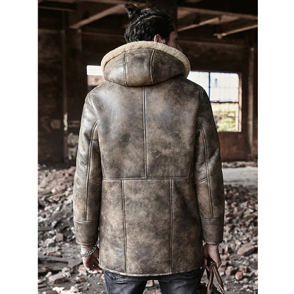 Denny&Dora Men's Long Shearling Jacket Sheepskin Hooded Fur Coat Thick Winter Leather Coat for Men