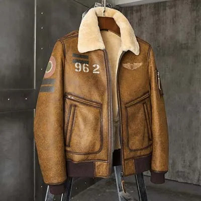 Denny&Dora Men's Grey Leather Shearling Bomber Jacket B6 Natural Sheepskin Fur Overcoat Men's Outerwear