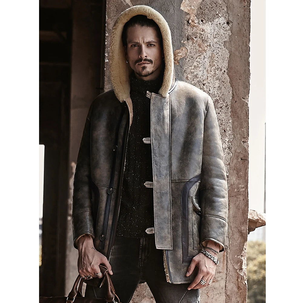 Denny&Dora Men's Long Shearling Jacket Sheepskin Hooded Fur Coat Thick Winter Leather Coat for Men