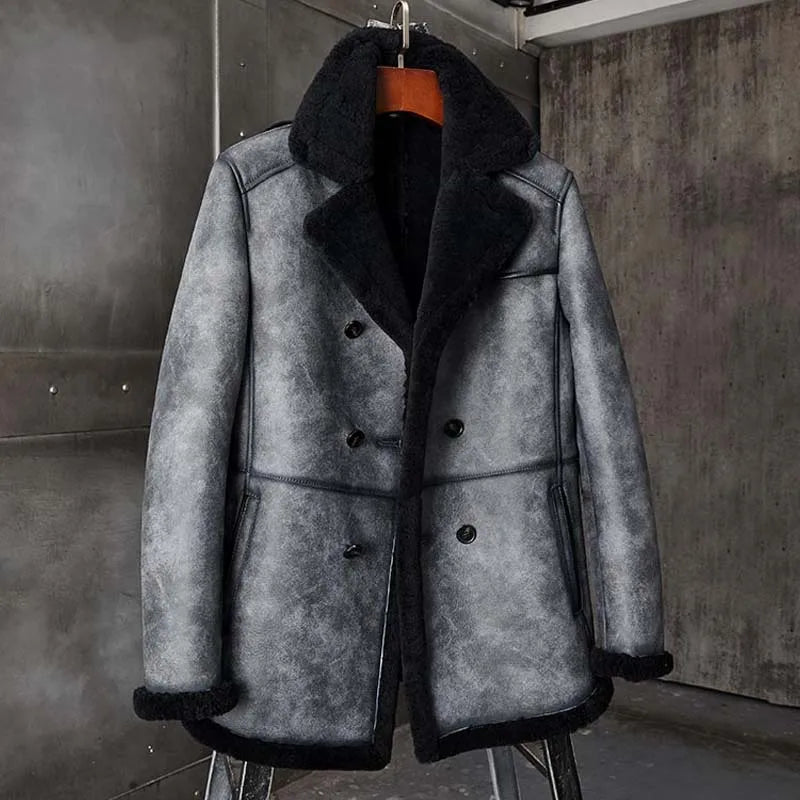 Denny&Dora Men's B3 Shearling Jacket Long Winter Leather Coat Gray Warm Casual Outerwear for Men