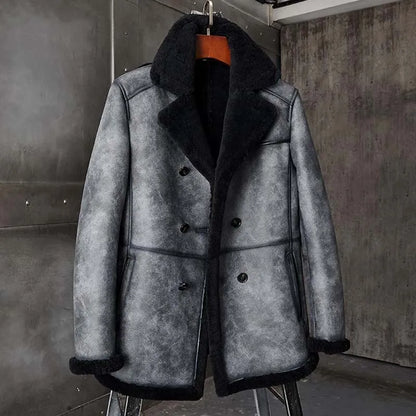 Denny&Dora Men's B3 Shearling Jacket Long Winter Leather Coat Gray Warm Casual Outerwear for Men