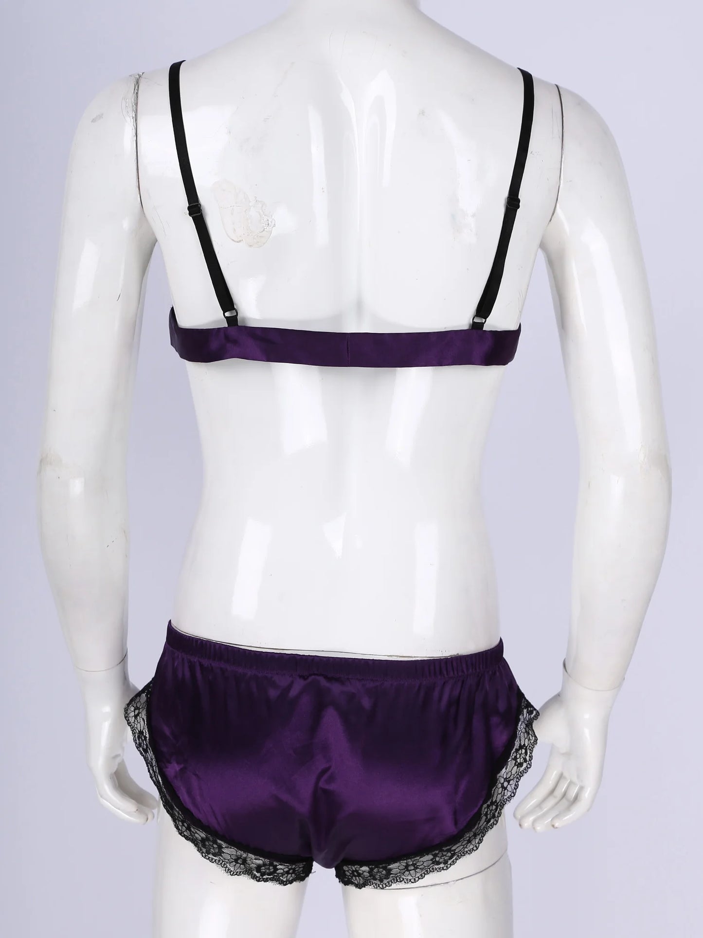 Men Satin Lingerie Suit Sissy Nightwear Sheer Mesh Patchwork Bra Tops with Briefs Thongs Exotic Sleepwear Gay Male Underwear