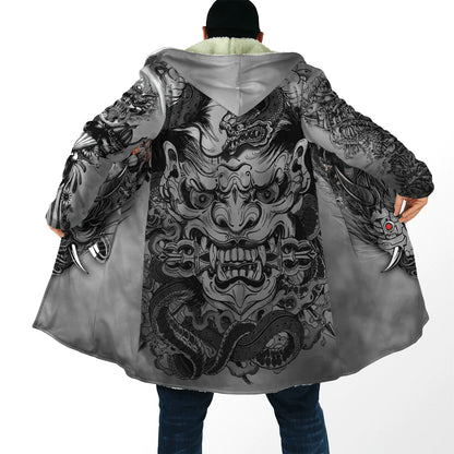 2024 winter Mens Hooded cloak Samurai Oni Mask Tattoo 3D Printing Fleece wind breaker Unisex Casual Warm Hood cloak PF04