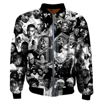 Fashion Men's Warm bomber jackets 90s rapper 2pac Tupac Printed 3d Thick Long Sleeve pocket outwear Unisex Casual Zipper jacket