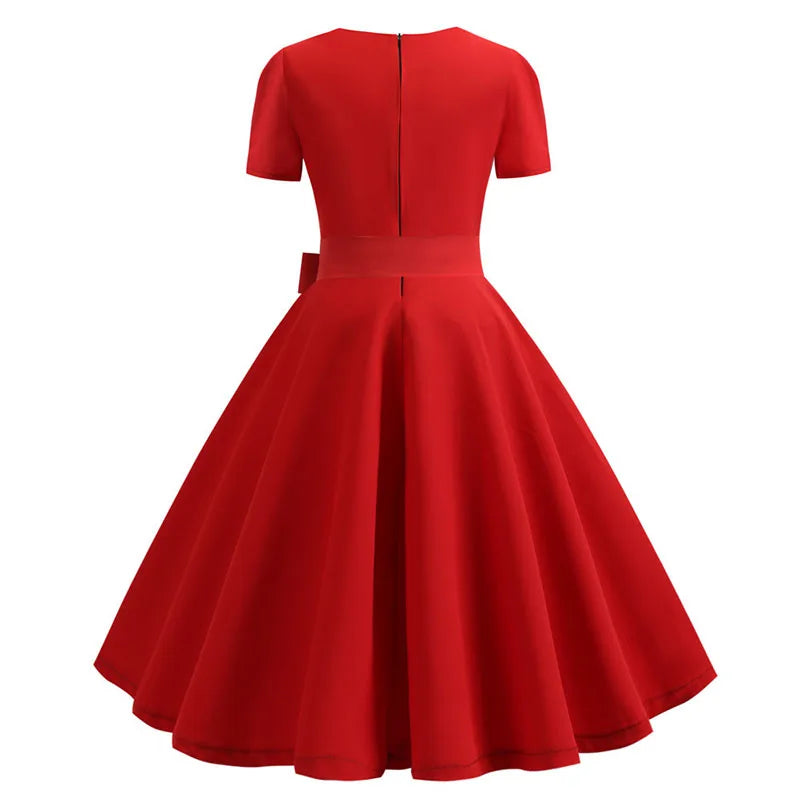 Women's Polka Dot Summer Midi Dress Square Collar Short Sleeve Elegant Vintage Casual Party Holiday Wear