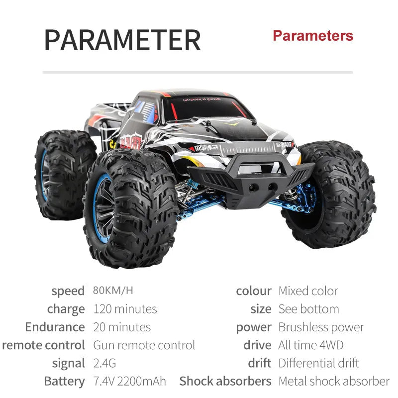 80KM/H Brushless RC Racing Car Metal Alloy 200M Distance Racing Buggy off Load Climbing RC truck Shock Absorption Vehicle RC car