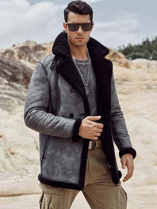 Denny&Dora Men's B3 Shearling Jacket Long Winter Leather Coat Gray Warm Casual Outerwear for Men