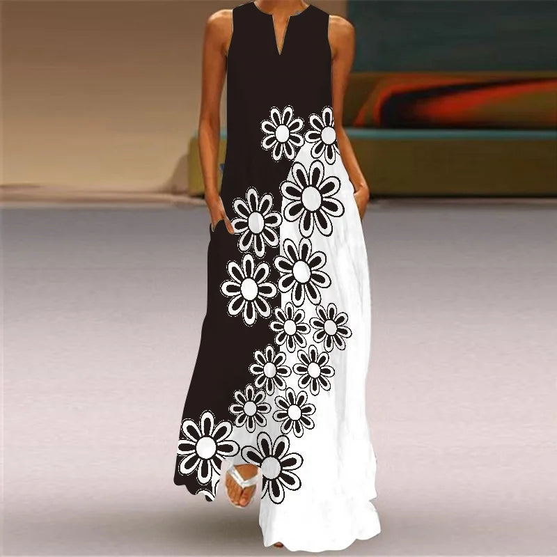 Sexy V-neck Sleeveless Dress For Women Summer Fashion Sundress Retro Print Long Dresses With Pocket Maxi Dress Femme Vestidos