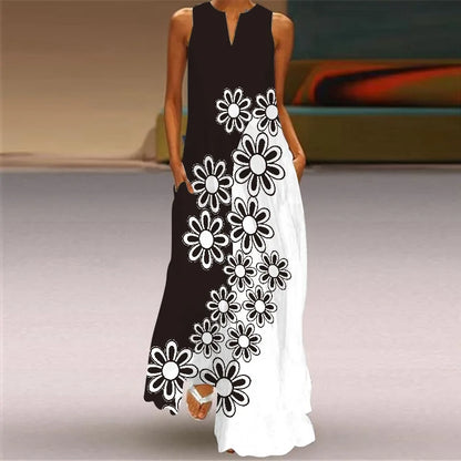 Sexy V-neck Sleeveless Dress For Women Summer Fashion Sundress Retro Print Long Dresses With Pocket Maxi Dress Femme Vestidos