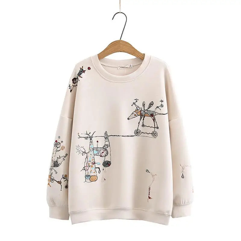 Harajuku Sweatshirt Women 2026 Autumn Winter New Fashion Casual Stitch-embroidered Long-sleeved O- Neck Breathable Hoodie Top