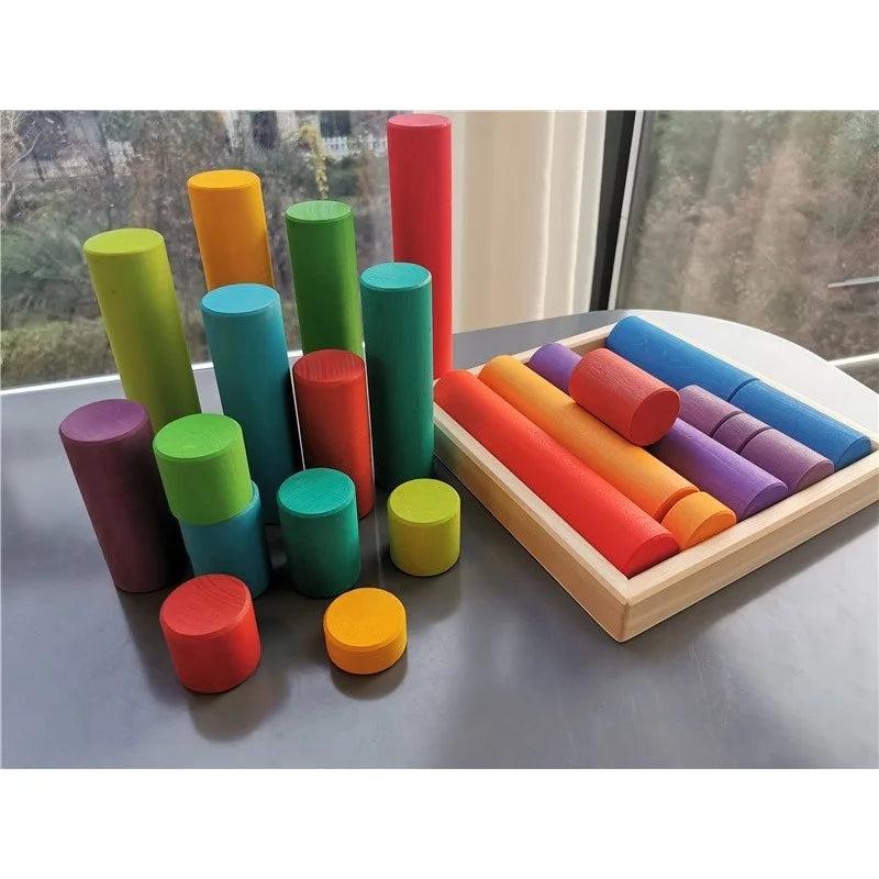 25pcs Kids Large Wood Building Rollers Rainbow Blocks Stain Basswood Stacking Cylinders Educational Creative Toys