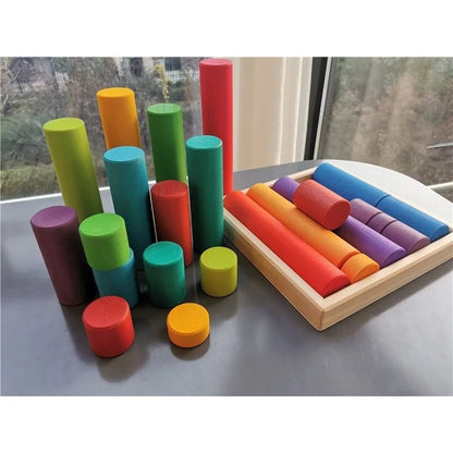 25pcs Kids Large Wood Building Rollers Rainbow Blocks Stain Basswood Stacking Cylinders Educational Creative Toys
