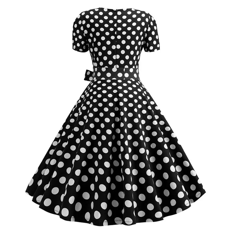 Women's Polka Dot Summer Midi Dress Square Collar Short Sleeve Elegant Vintage Casual Party Holiday Wear