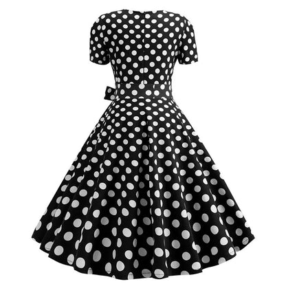 Women's Polka Dot Summer Midi Dress Square Collar Short Sleeve Elegant Vintage Casual Party Holiday Wear