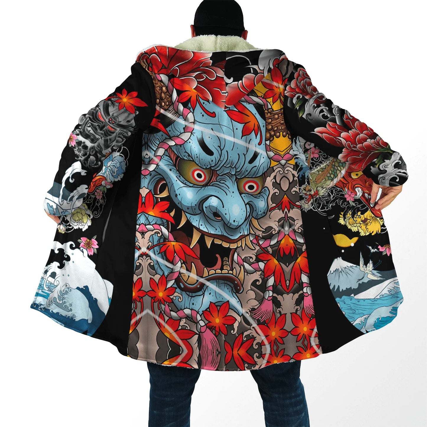 Drop shipping Winter Mens Cloak Samurai Oni Mask Tattoo 3D Printing Fleece Hooded cloak Unisex Casual Thick Warm Cape coat PF31